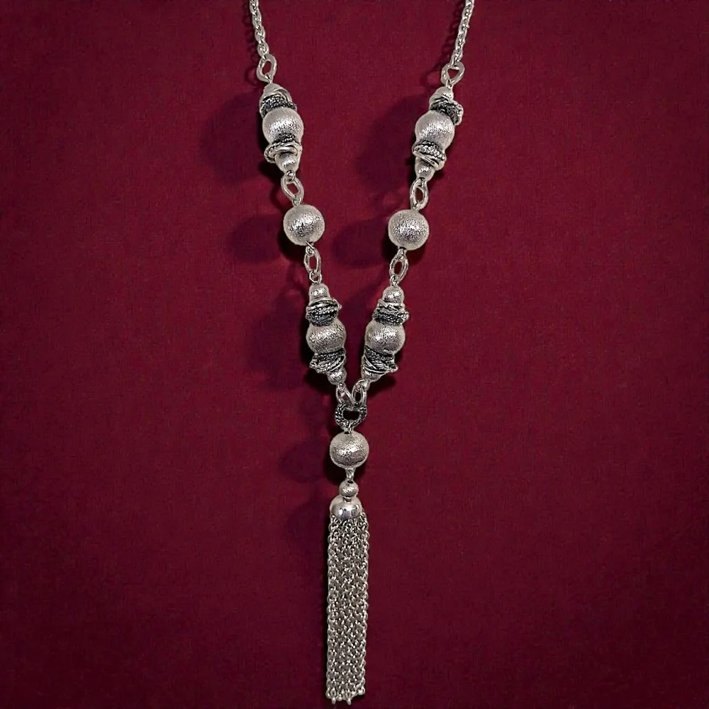 Y Drop Beaded Tassel Chain Necklace Bohemian‎ Western Witchy Silver Tone Gypsy